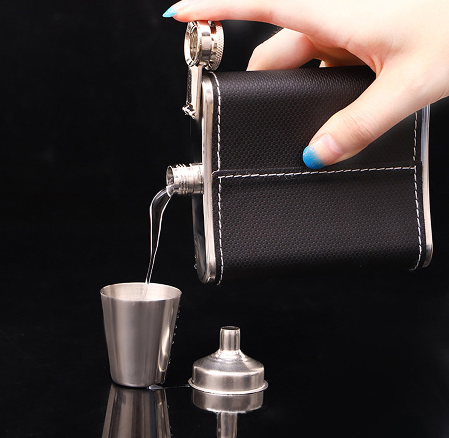 Whiskey Hip Flask Leather Set With Funnel and Tot Cups image
