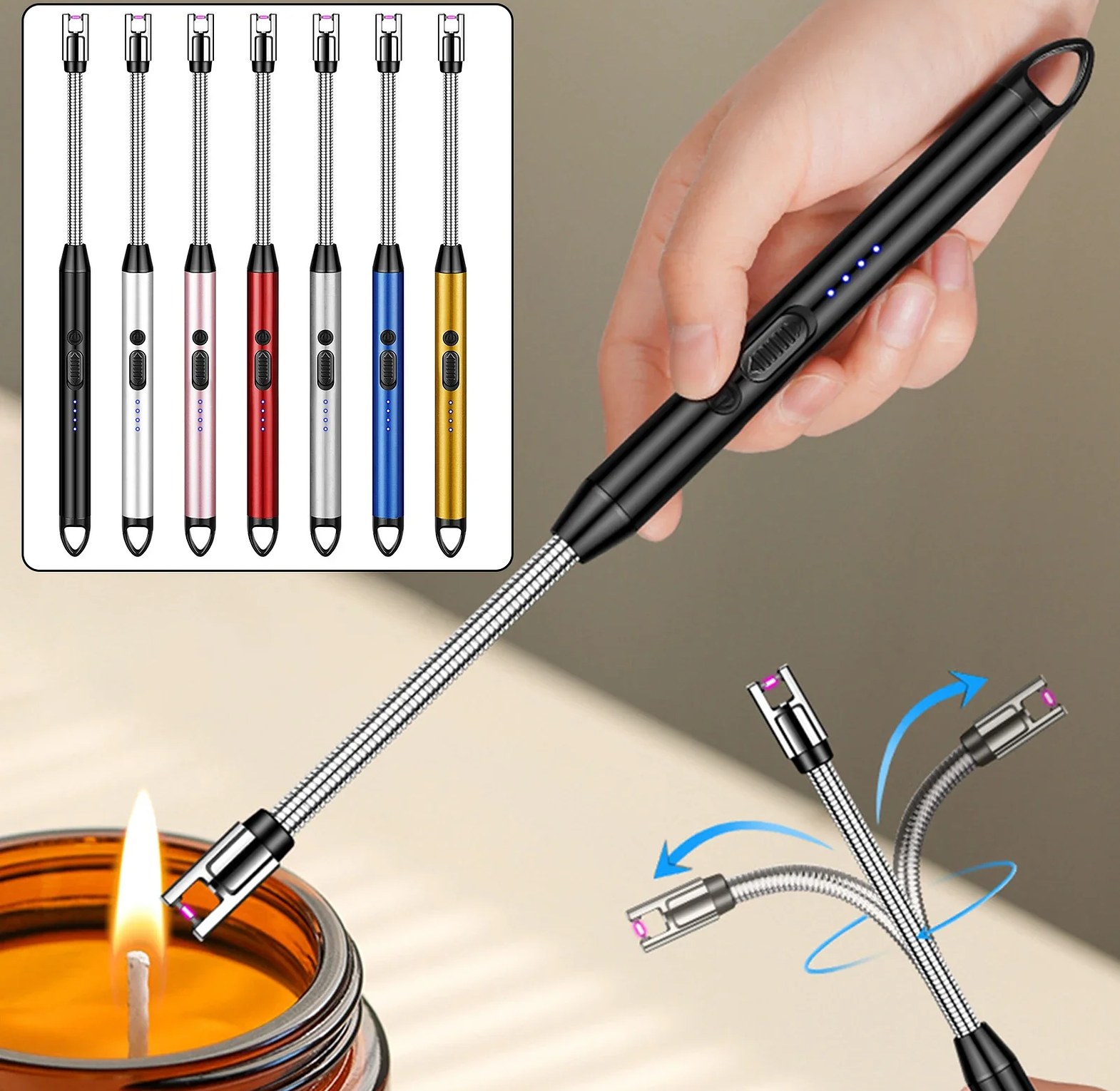 360° Flexible USB Rechargeable Electric Arc Lighter - Windproof Flameless Plasma Igniter with LED Battery Display image