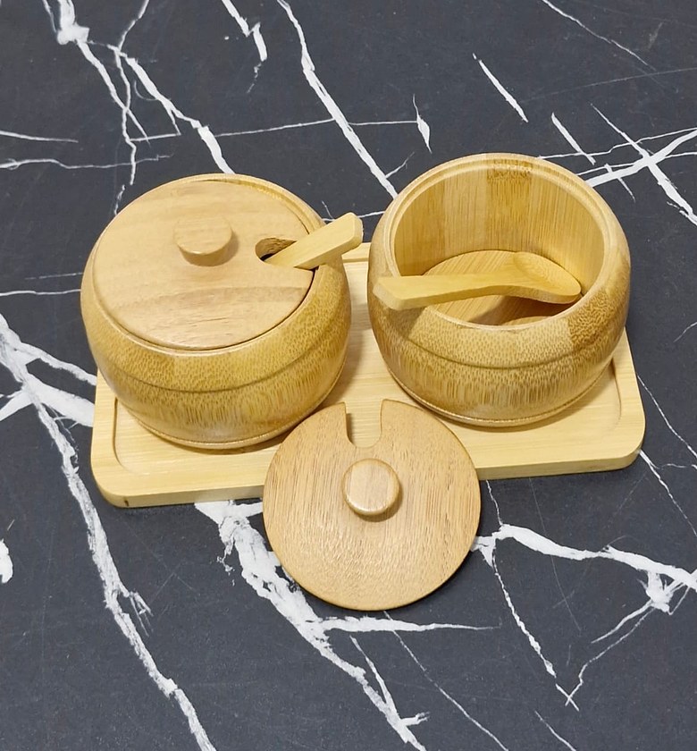3-Piece Bamboo Condiment Jar Set with Tray & Spoons image