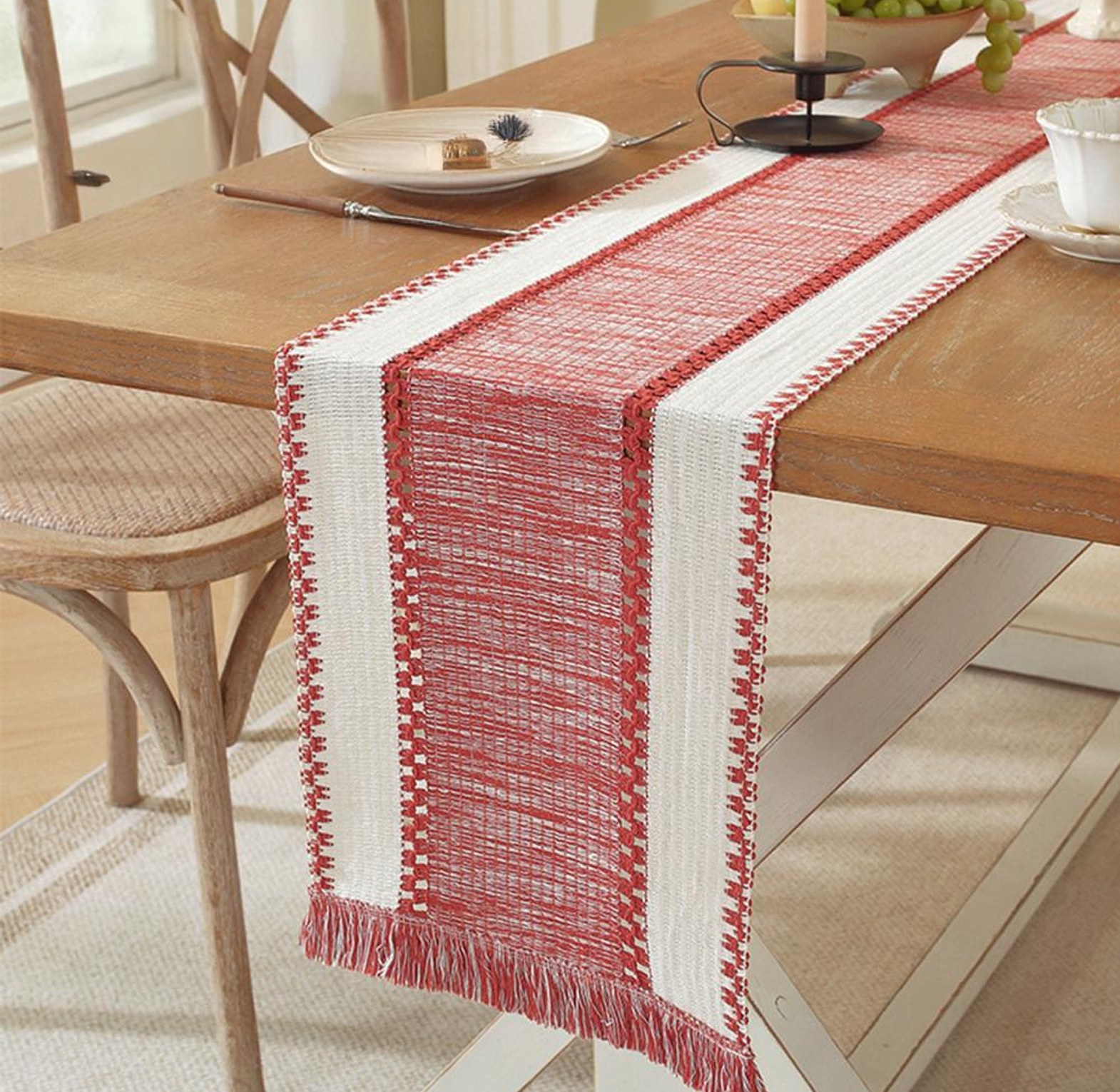 Nordic Boho Striped Table Runner - Hand - Woven Tassels image