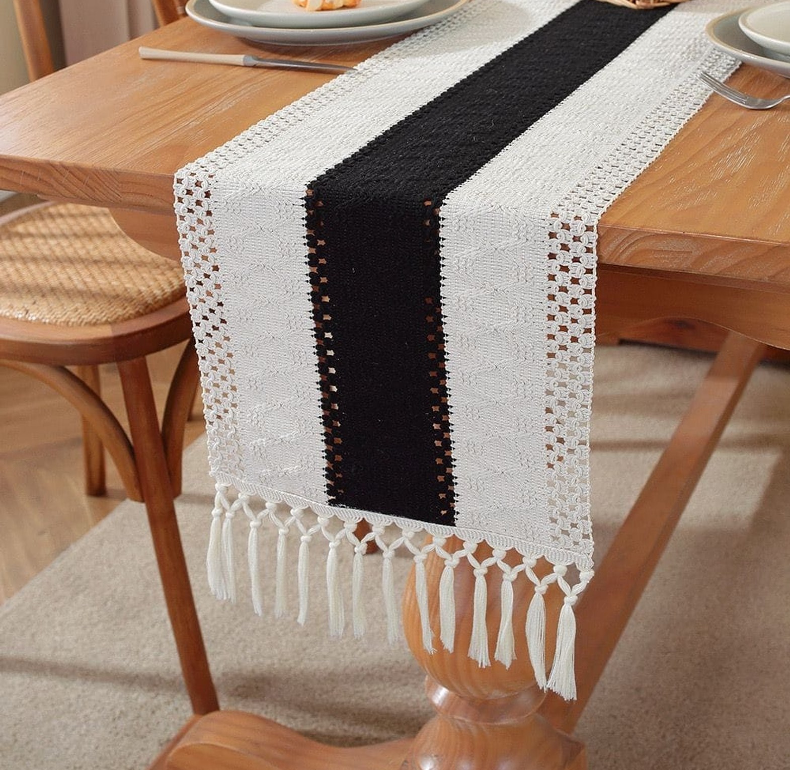 Tassels Bohemian Style Table Runner Farmhouse Linen Table Tablecloth image