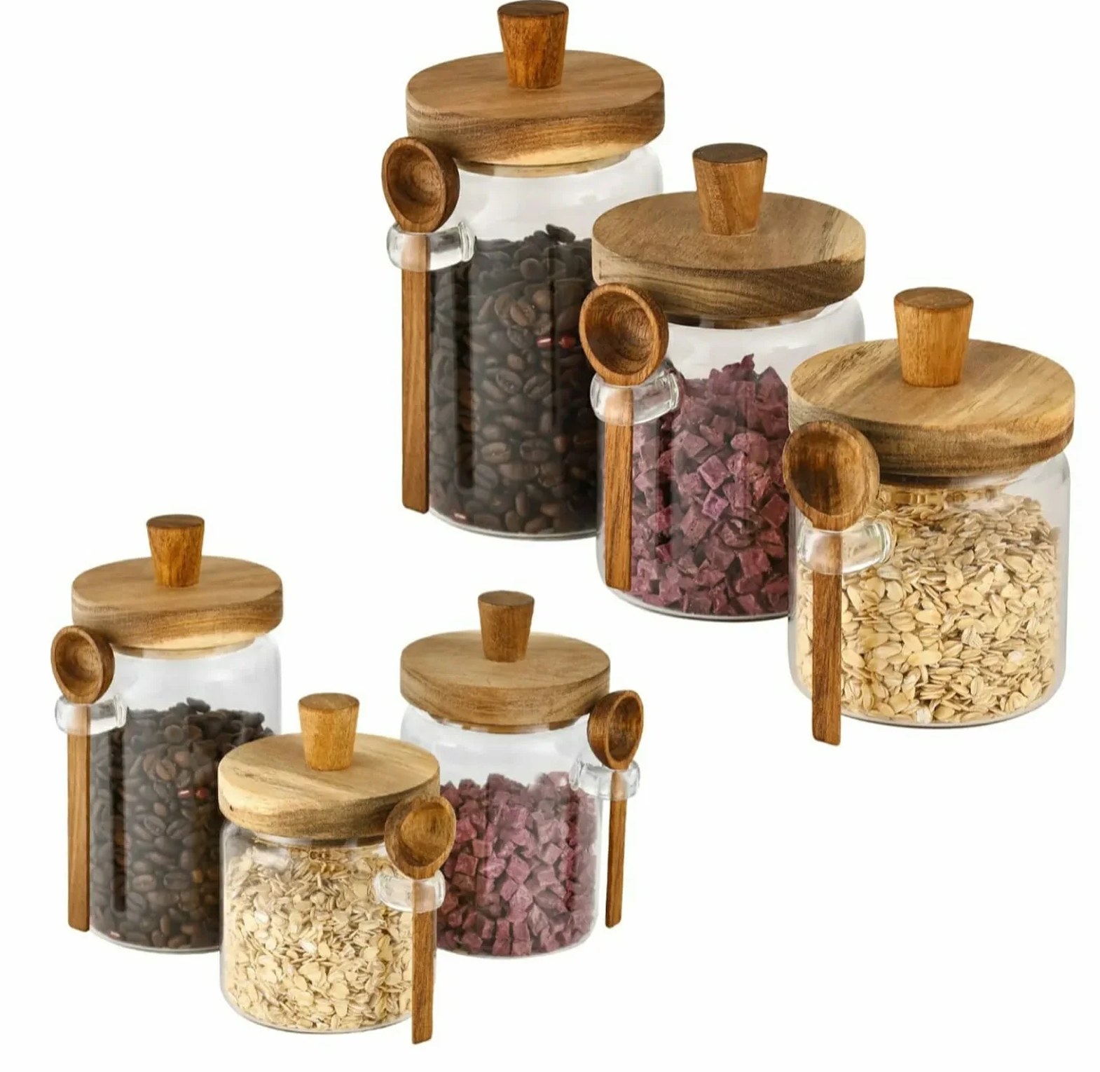 Modern Acacia & Glass Airtight Food Storage Jar Set with Integrated Spoon image