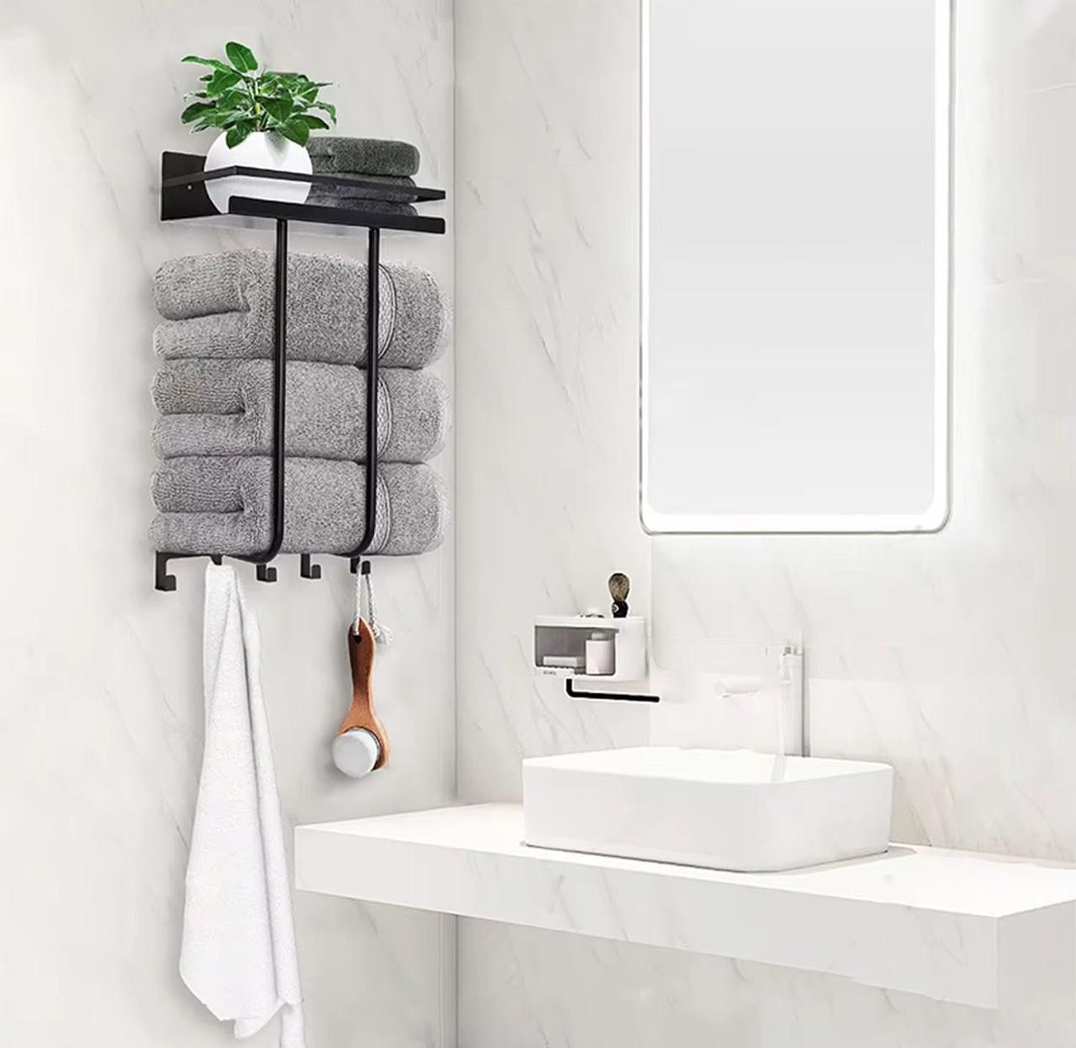 Multifunctional bathroom towel holder with metal shelf and 5 hooks image