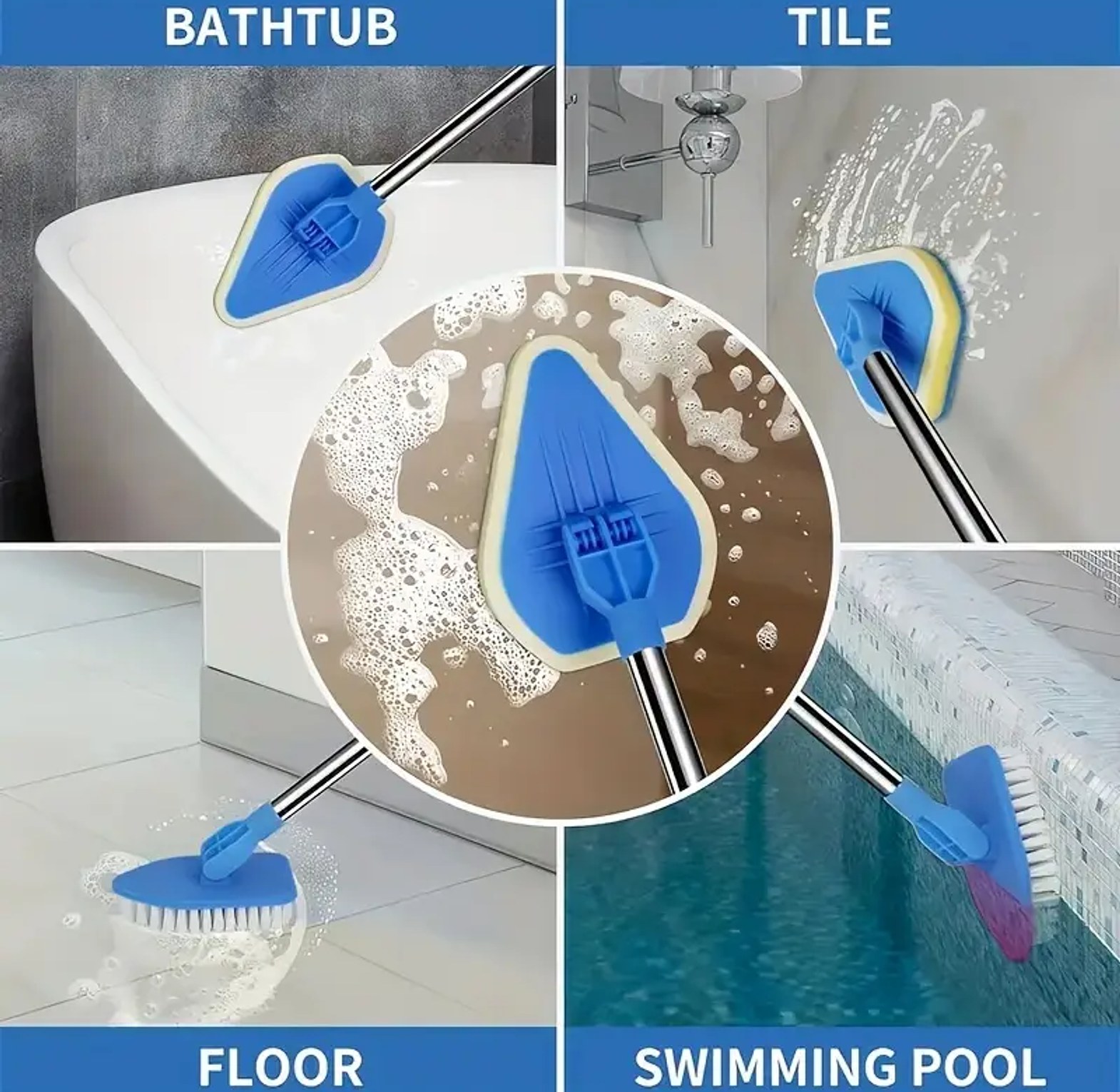 3-in-1 Extendable Tub and Tile Scrub Brush with 35" Adjustable Long Handle & Replaceable Heads for Bathroom & Kitchen image