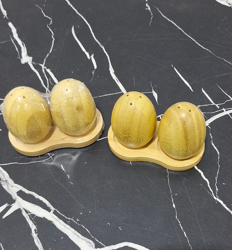 Aesthetic Bamboo Egg-Shaped Salt & Pepper Shaker Set (3 Pieces) with Wooden Tray image
