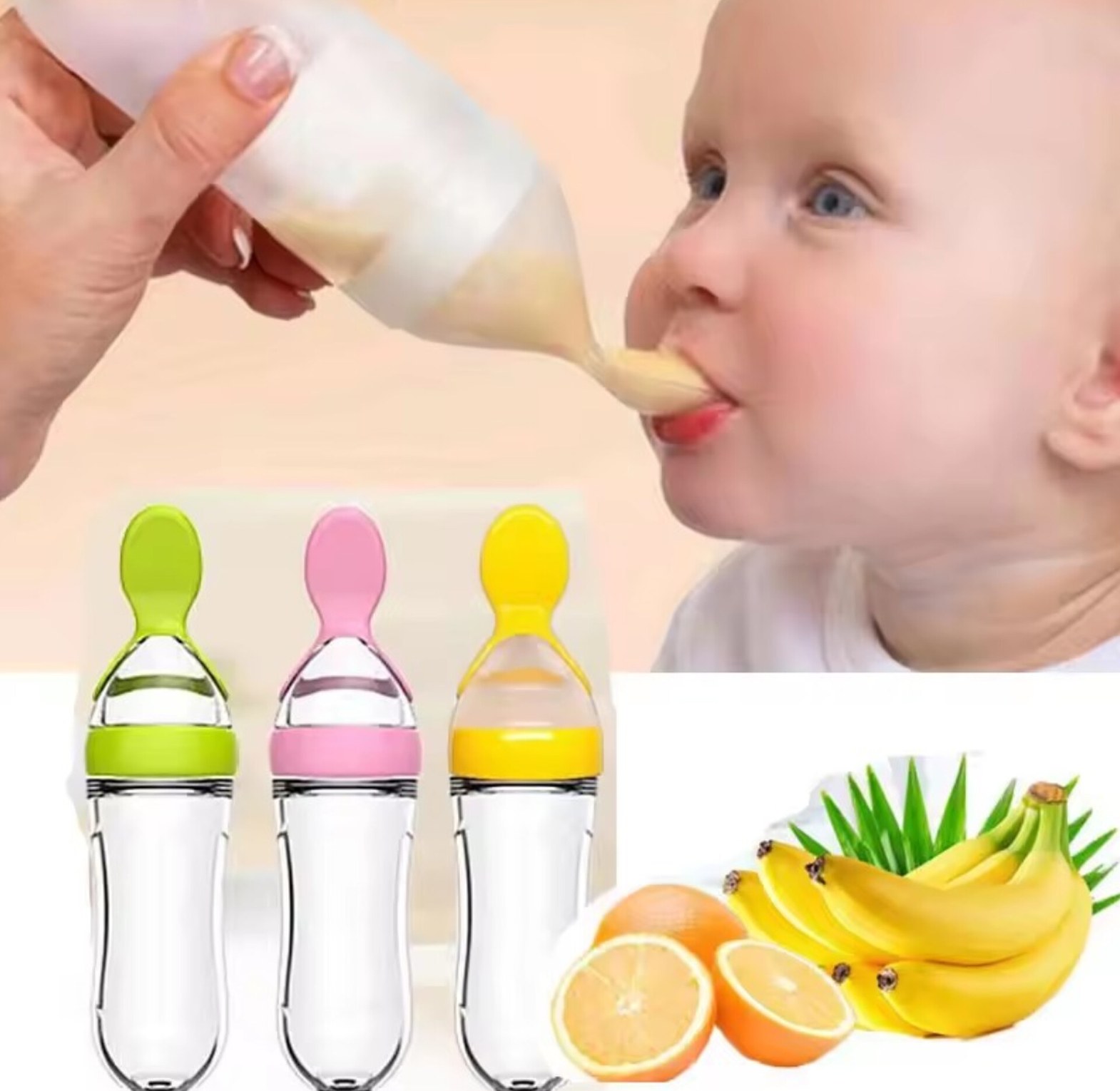 Silicone Squeezy Baby Feeding Spoon Bottle for Weaning & Purees, BPA-Free Soft Silicone Feeder with Suction Base image