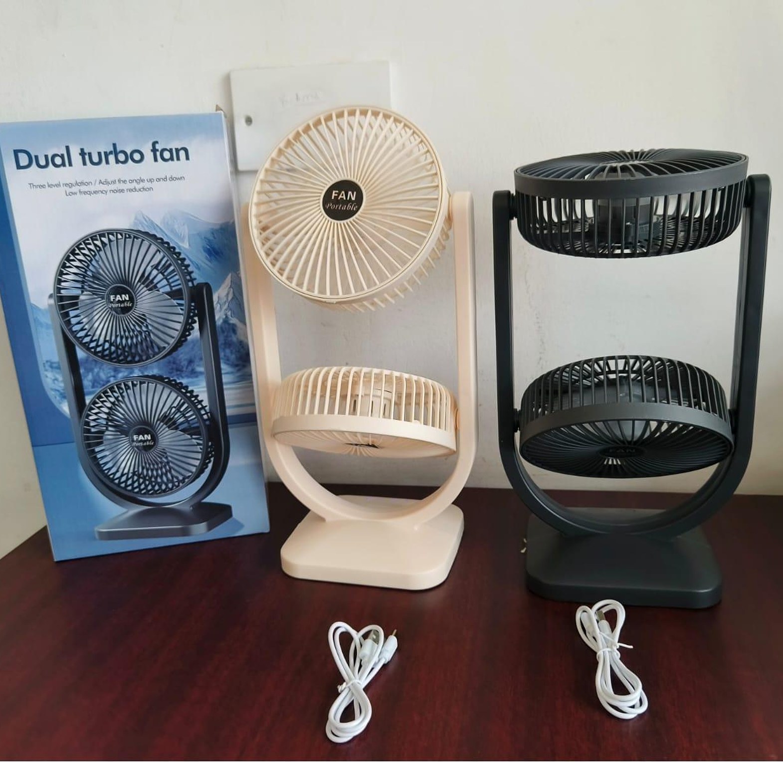 Rechargeable Dual Turbo Fan Vertical 3-Speed Double Head Portable Desk Fan for Office & Home image