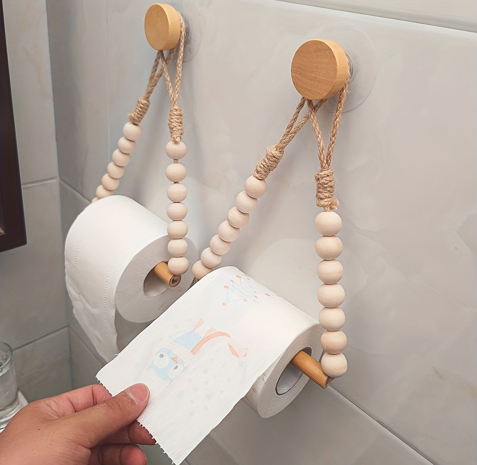 Boho Wooden Beads Toilet Paper Holder - Self Adhesive No-Drill Wall Mount Tissue Rack for Bathroom Decor  image