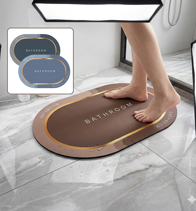 Super Absorbent Instant Dry Diatomite Anti-Slip Bathroom Mat (40*60cm) – Modern Quick-Dry Oval Luxury Water Absorbing Floor Rug image