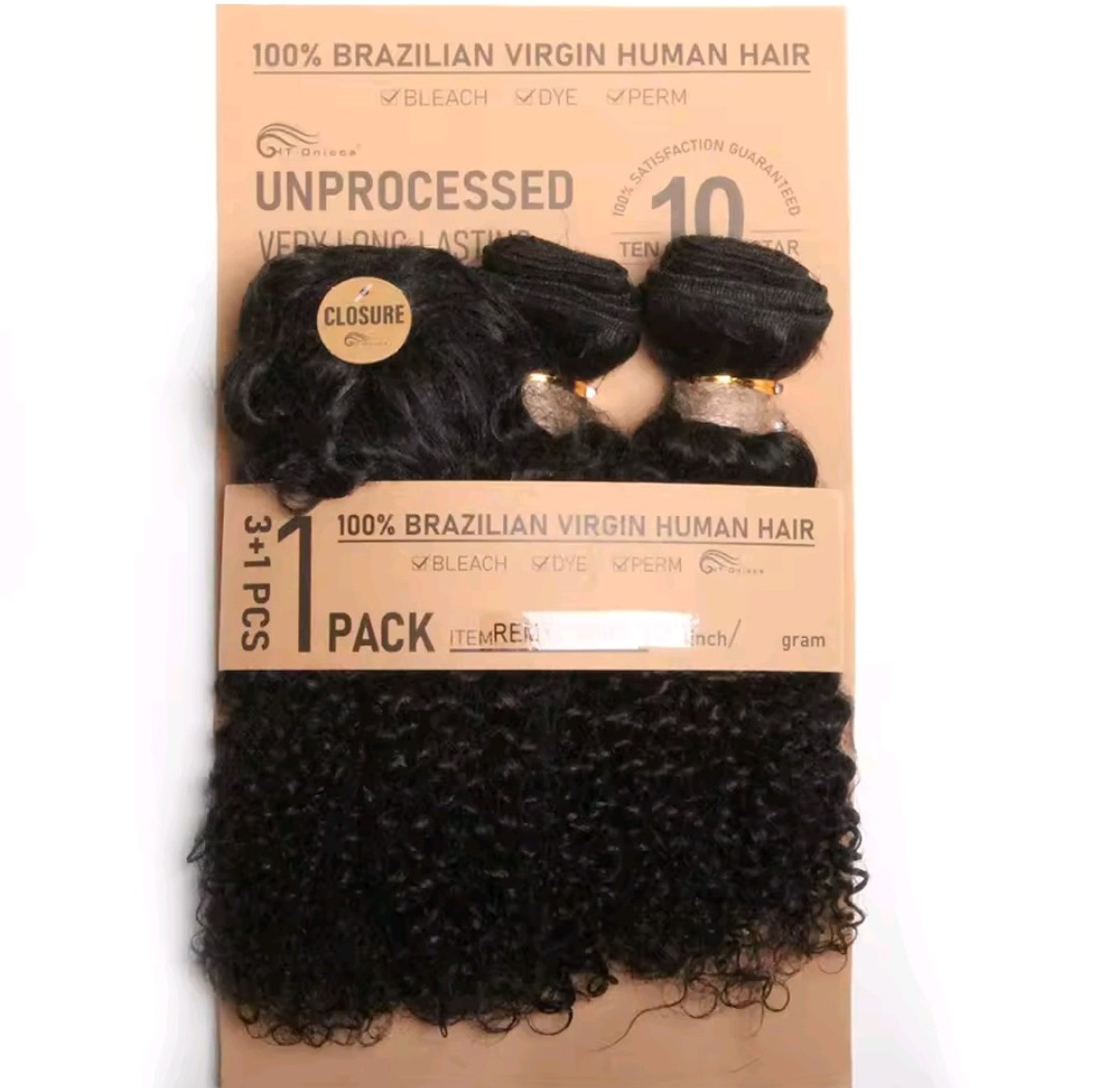 Natural Black Kinky curl human hair weave bundles with closure. 3 bundles 12 inches each and closure image