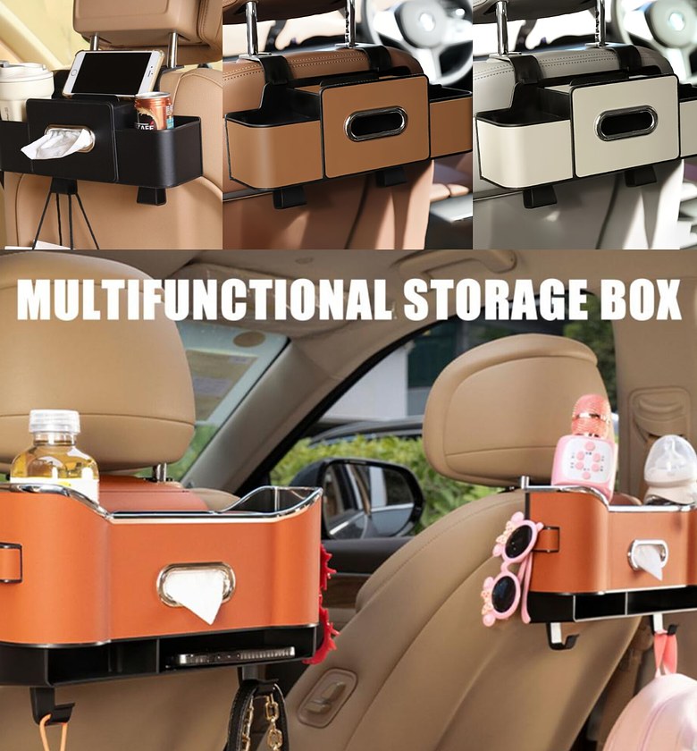 3-in-1 Premium Leather Car Seat Back Storage Box & Tissue Holder Organizer - Universal Fit image