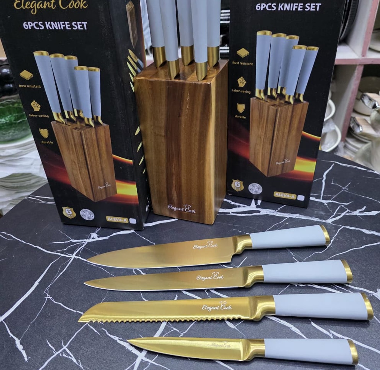 Elegant Cook 6-Piece Premium Gold Knife Set with Wooden Block image