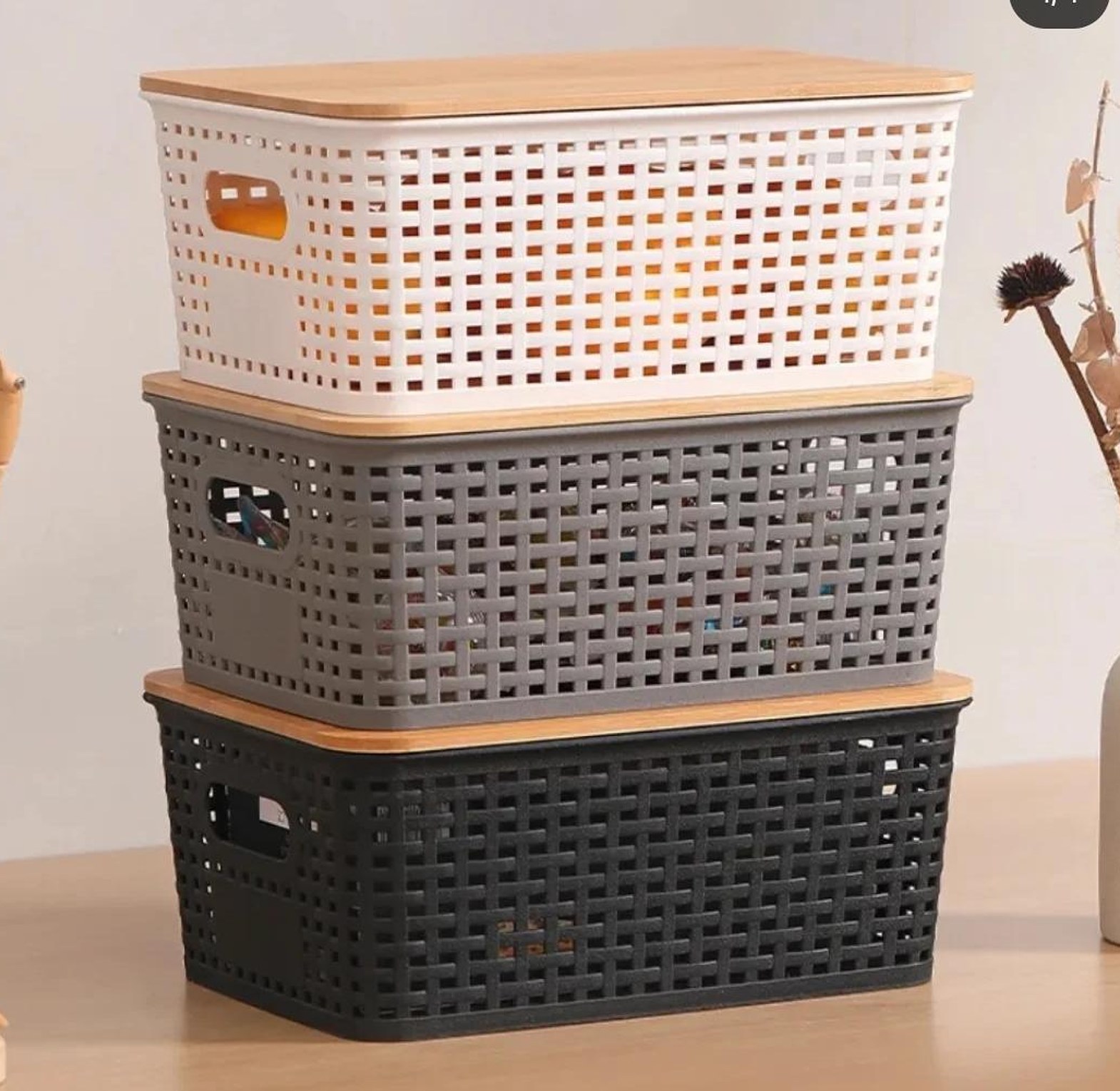 Plastic multipurpose organising basket with bamboo lid image