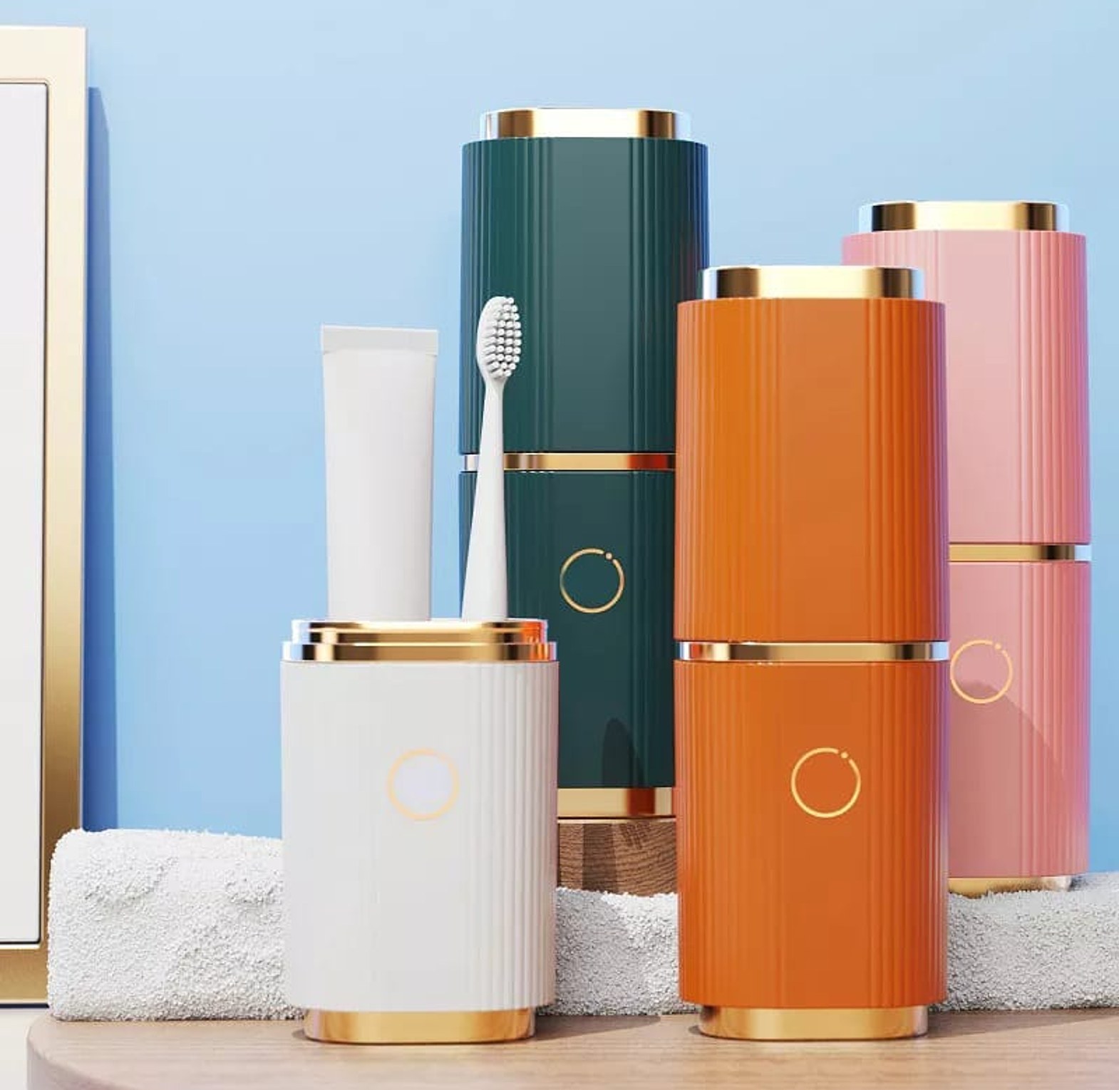 Luxury Portable Travel Toothbrush Case & Toothpaste Holder Organizer Cup with Gold Trim – Aesthetic Bathroom Storage for Travelers image