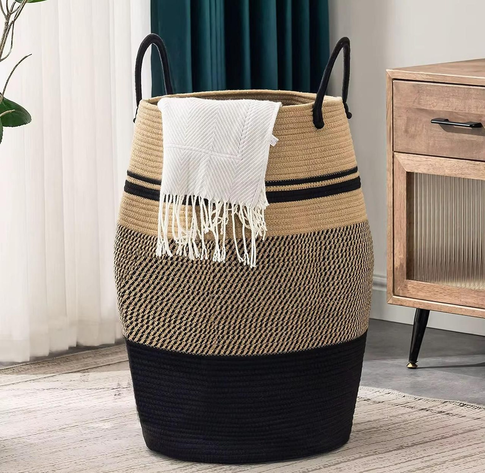 Large 65L Cotton Rope Decorative Woven Basket with Extended Handles image