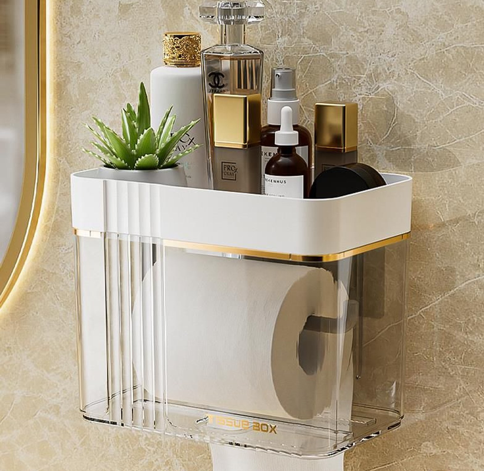 Luxury Waterproof Bathroom Tissue Holder with Top Storage Shelf – Premium Wall Mount Organizer for Modern Homes image
