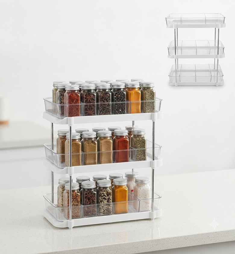 3-Tier Clear Storage Organizer Rack, Multipurpose Makeup & Kitchen Space Saver Shelf image