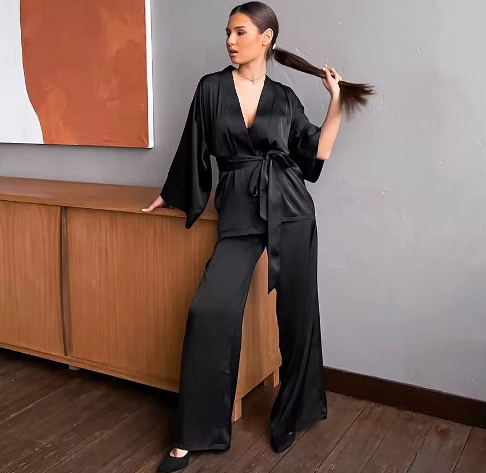 Y5120-Loungewear Silk-Satin Trouser Set image