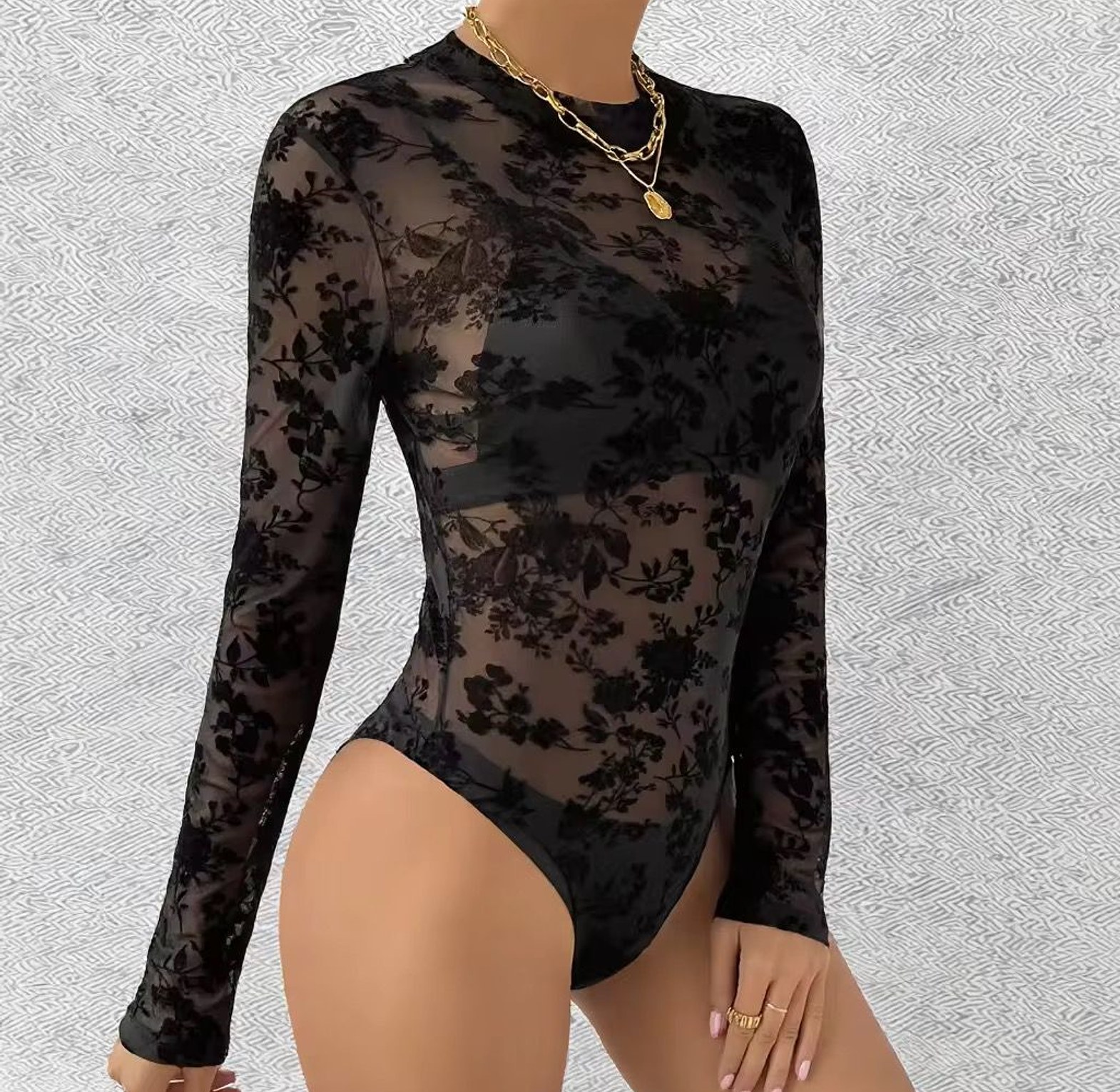 3872-See-Through-Long-Sleeved Bodysuit Lingerie image