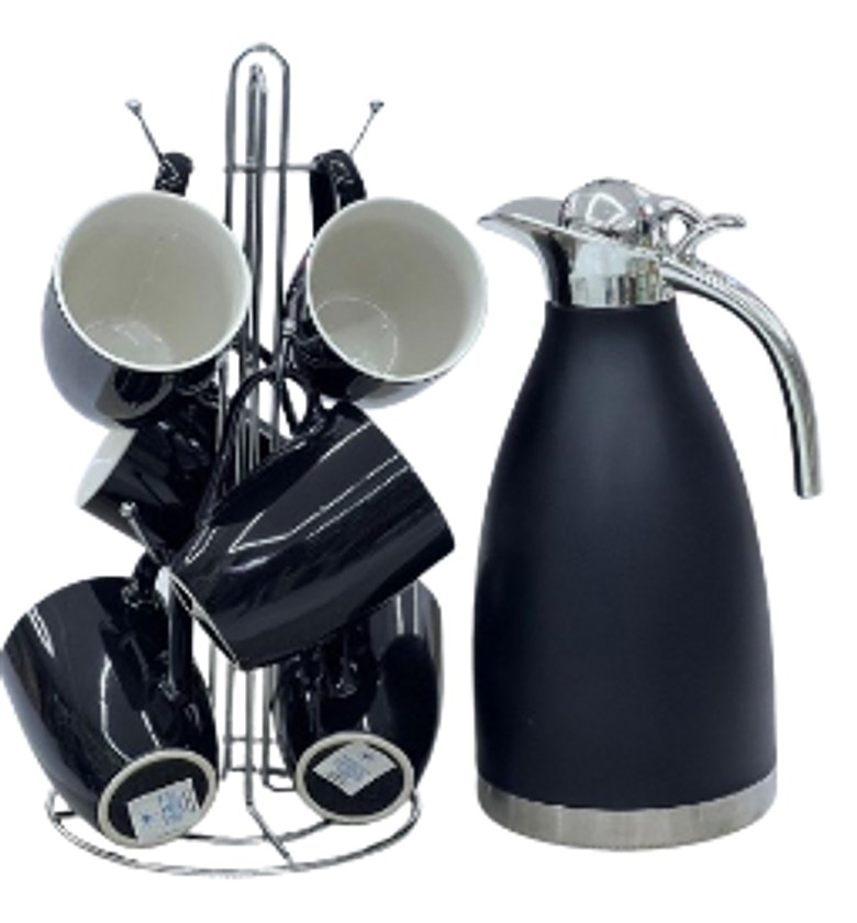 2L Vacuum Flask and 6-piece Ceramic Coffee/Tea Mug Set.  image