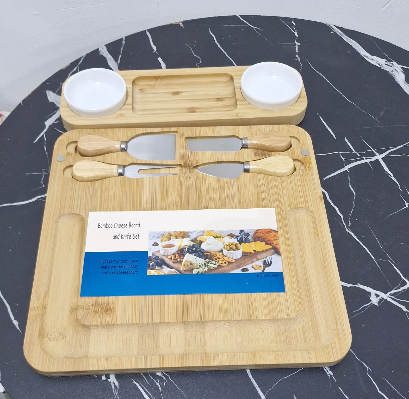 Luxury Bamboo Cheese Board & Cutlery Set with Ceramic Dip Bowls image