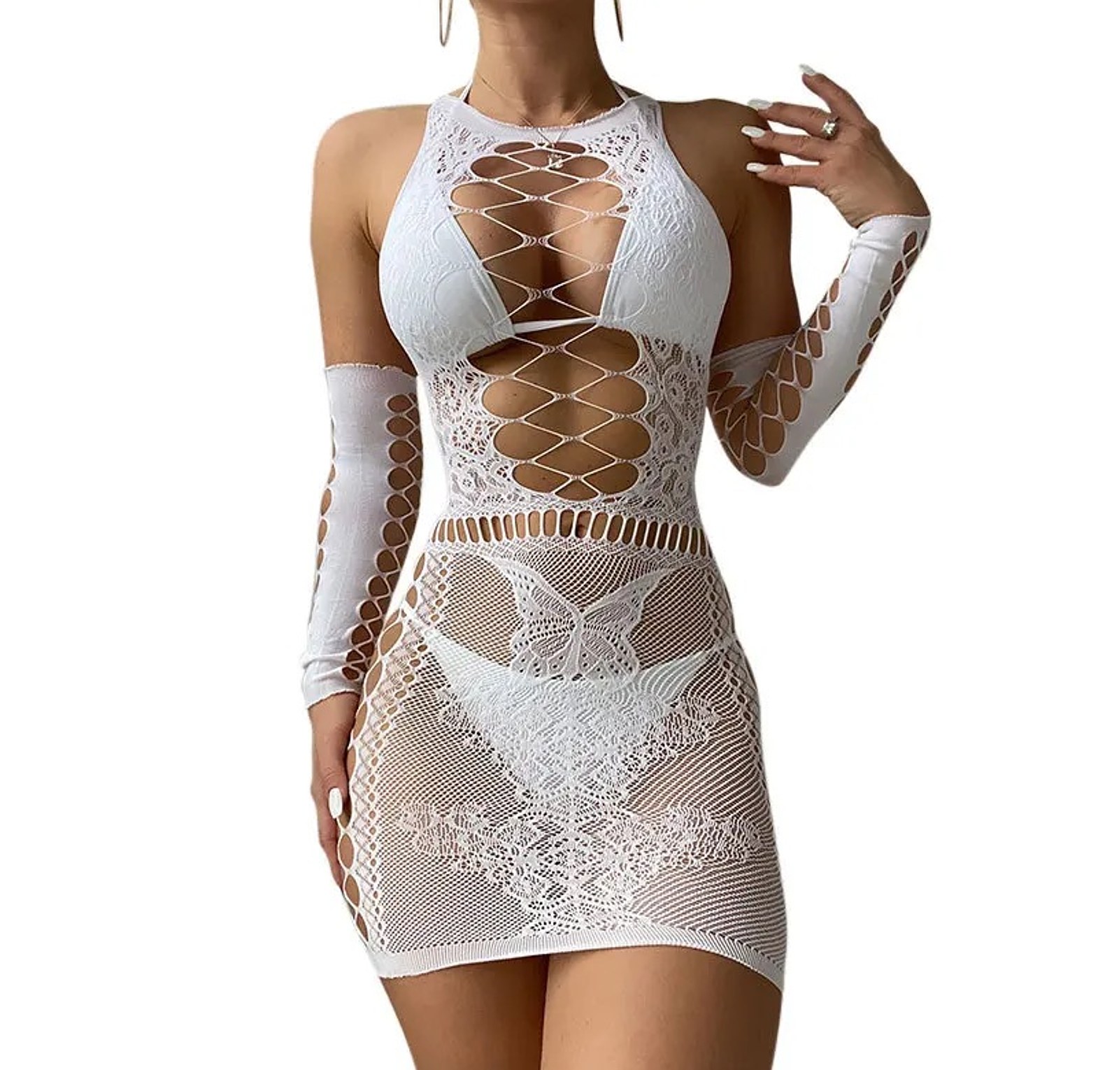 Women Sheer Butterfly Fishnet Dress Babydoll Medium Sleeve Lingerie Set Mesh Sexy Babydoll Chemise image