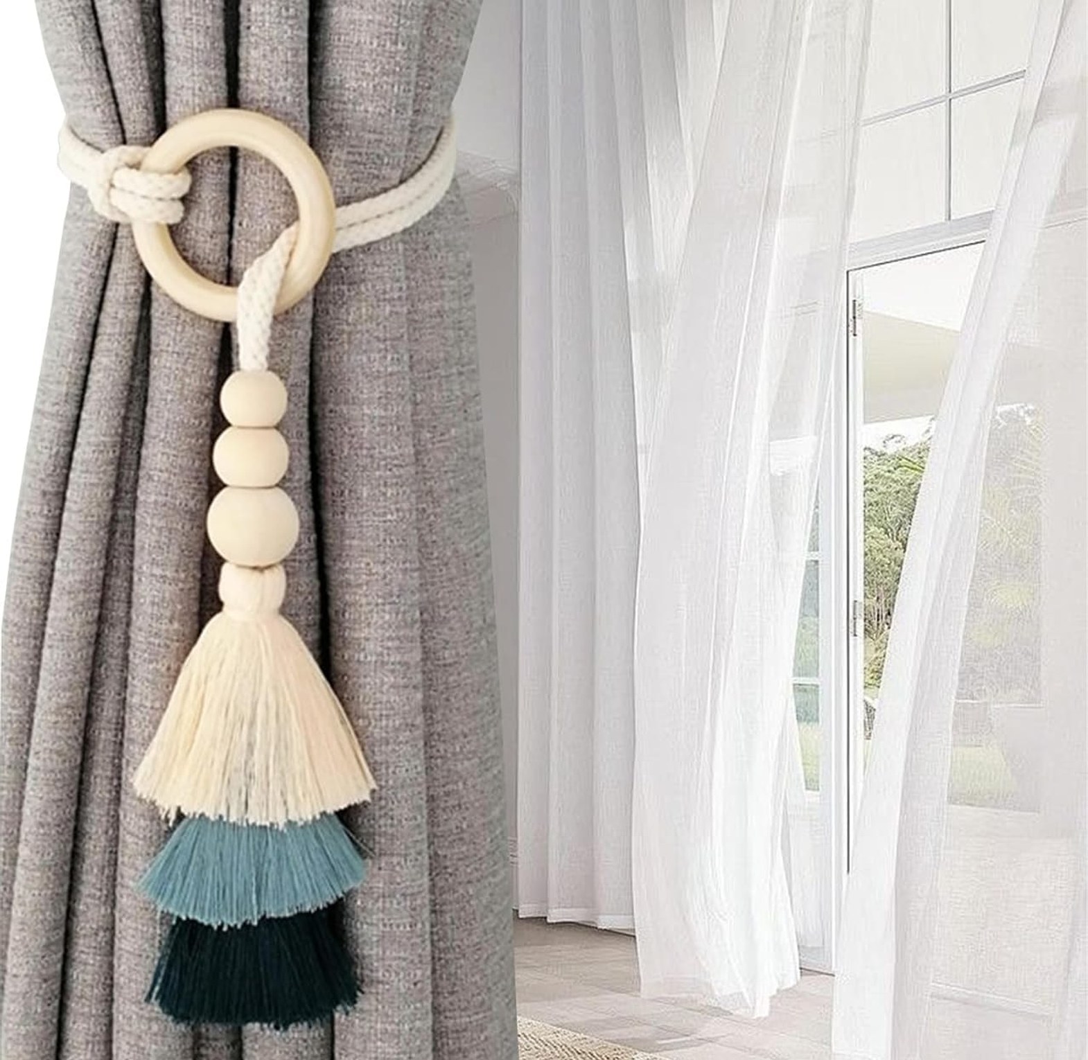 2pcs Tassel Curtain Tie Backs Wooden Bead image