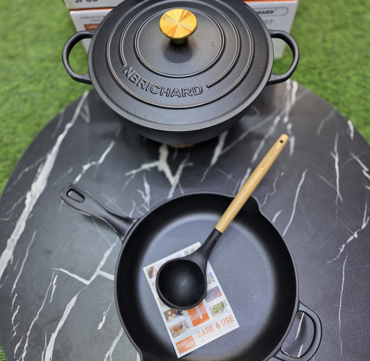 Premium 3-Piece Enamel Cast Iron Cookware Set with Gold Accents image