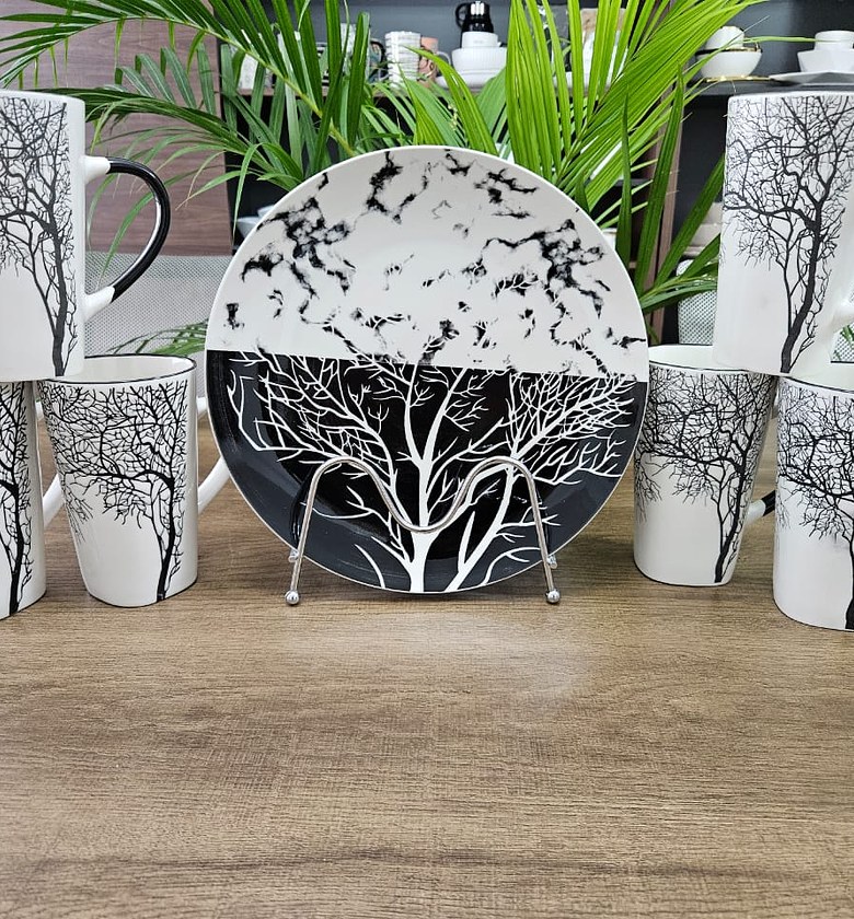 12 pc Ceramic Plate And Mug Set Tree Mugs 6pcs Plates 6pcs image