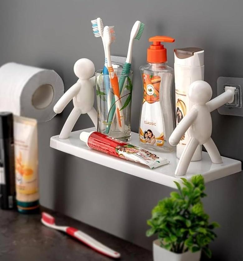 No-Drill Adhesive Bathroom Wall Organizer Shelf & Toothbrush Holder Rack with Strong Suction Sticker for Homes image