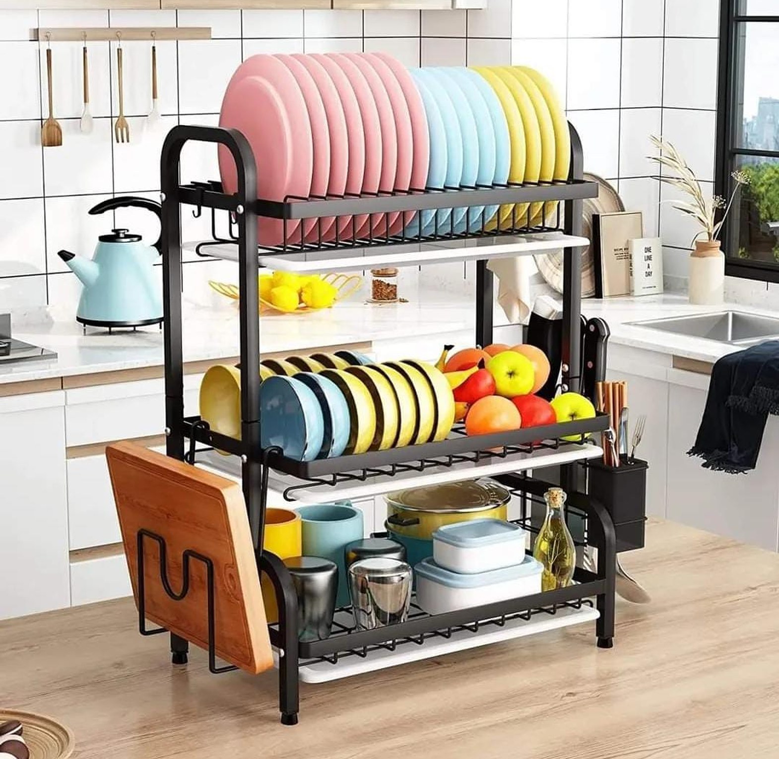 3 tier dish rack with cutlery holder & Chop Board Holder image