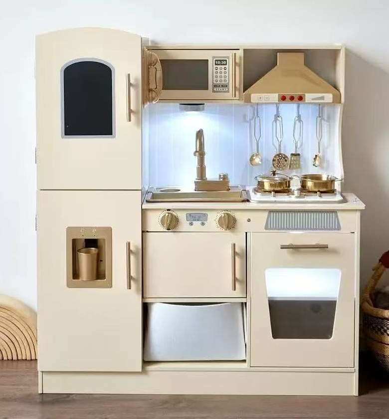 Kitchen Wooden Toy for Kids with Microwave Play Sink Ice Maker Oven Cookware Accessories Playset image