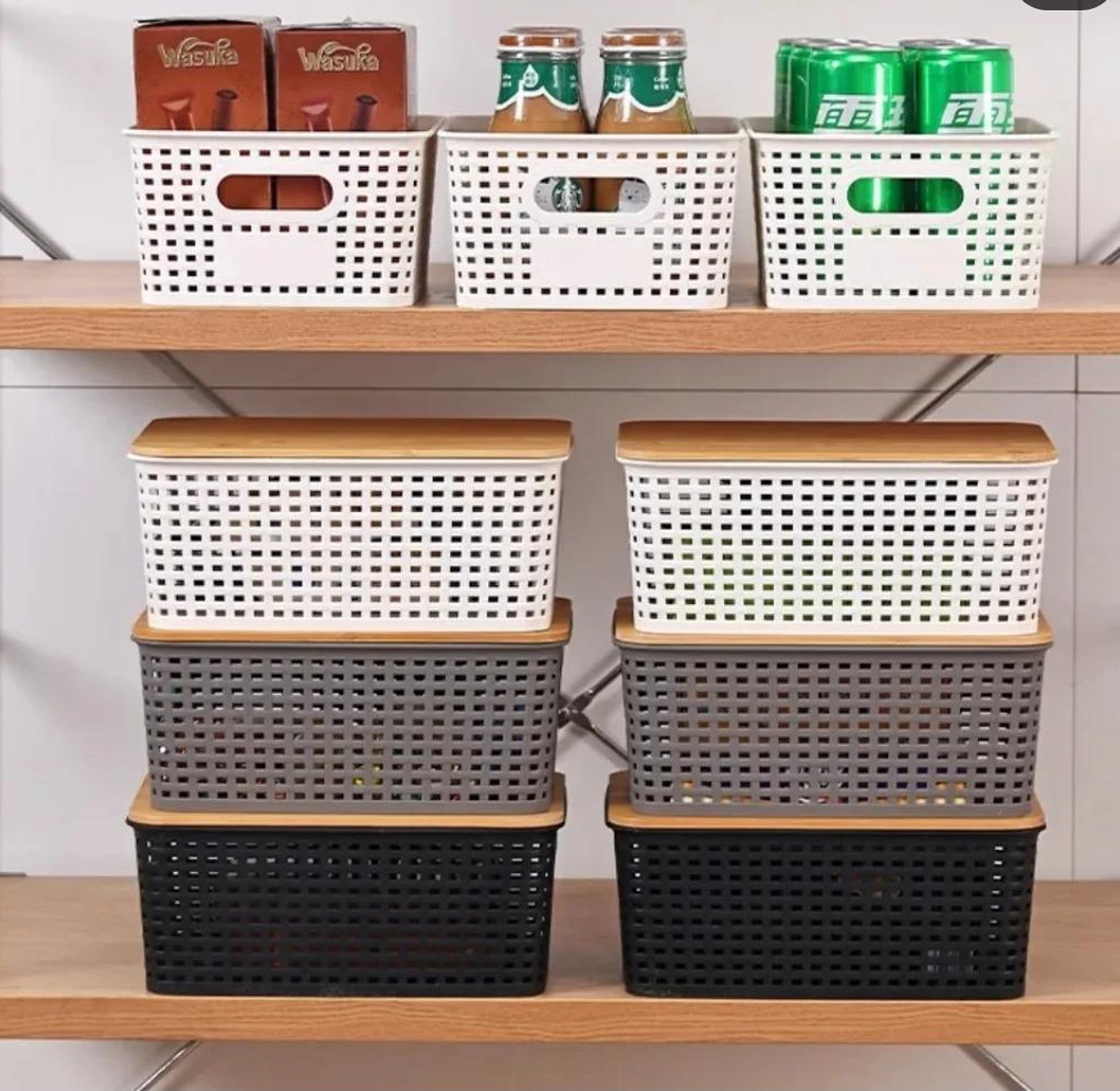 Plastic multipurpose organising basket with bamboo lid image