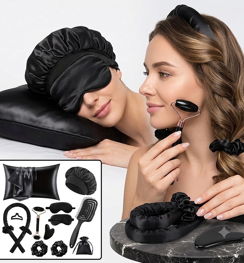 12-Piece Premium Silk Satin Pillowcase Bonnet Heatless Hair Curler & Jade Roller Beauty Care Set  image