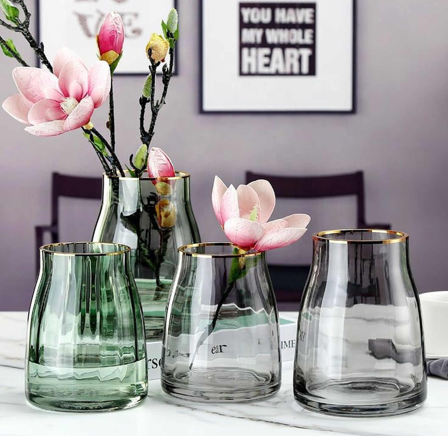 ▪️Wide sophisticated green tones Nordic glass vase with a touch of gold    image