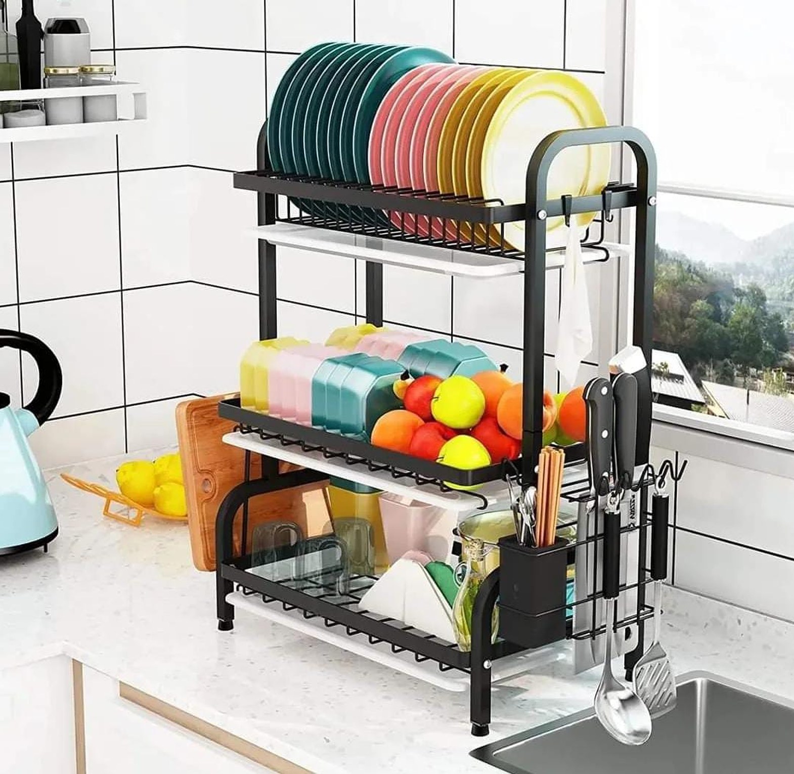 3 tier dish rack with cutlery holder & Chop Board Holder image