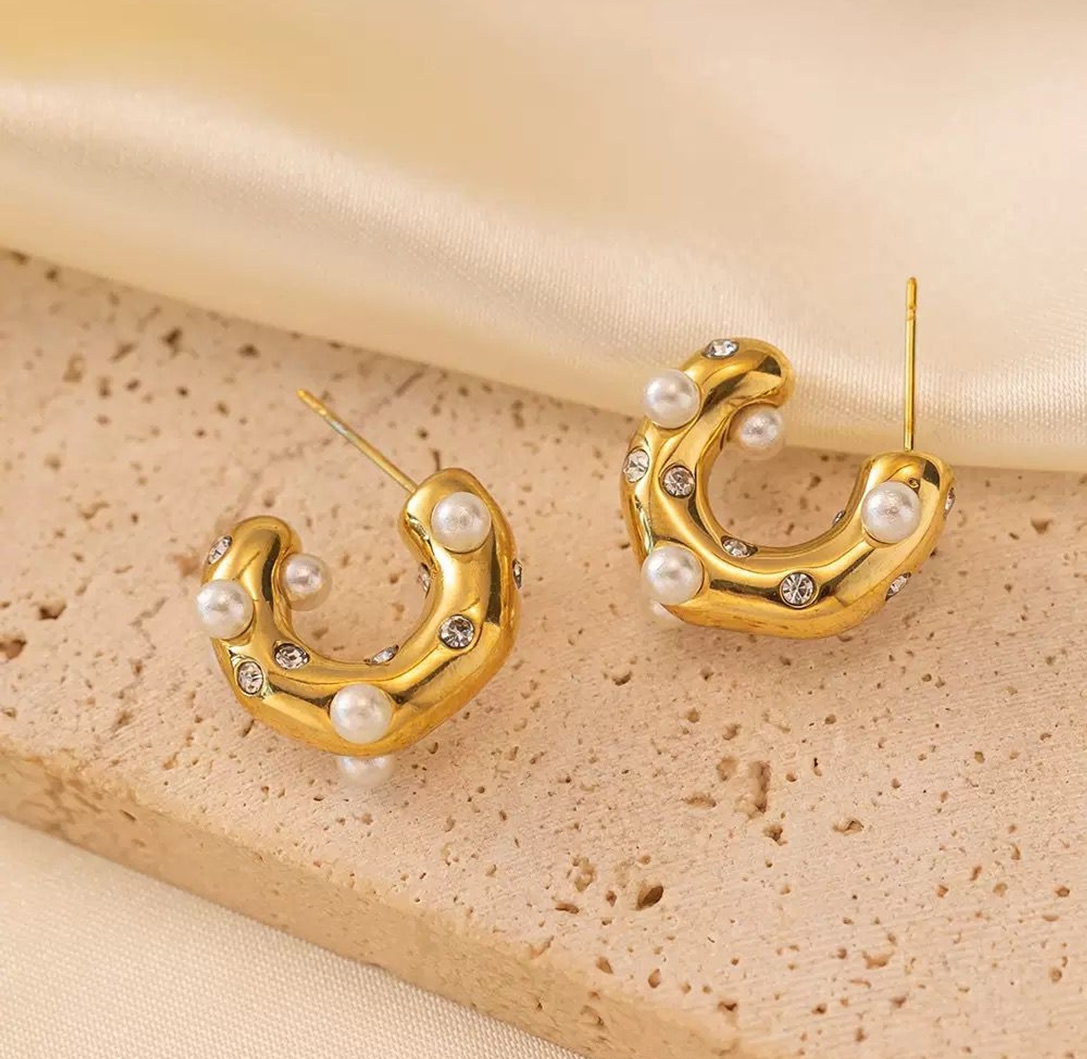 Cosmic Cubic Zirconia and Pearl Hoop Earrings image