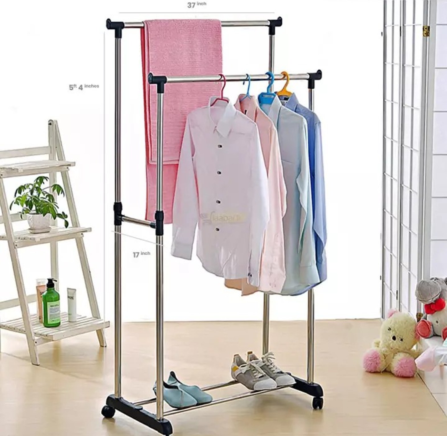 Stainless steel double-pole floor coat rack with wheels image