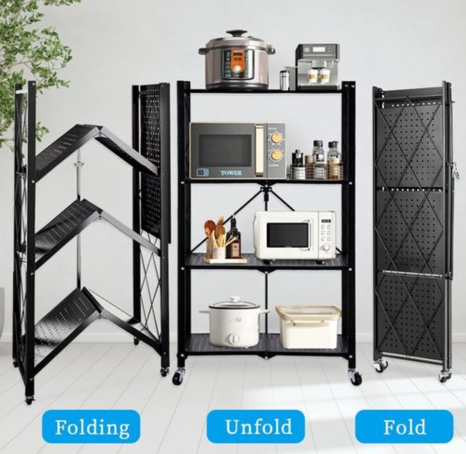 4-Tier Foldable Storage Shelf with Wheels - Metal Collapsible Shelving Unit Display, Rolling Cart for Books Kitchen Storage Shelves, Pantry & Closet Organizer, Office Room Decor - Black image