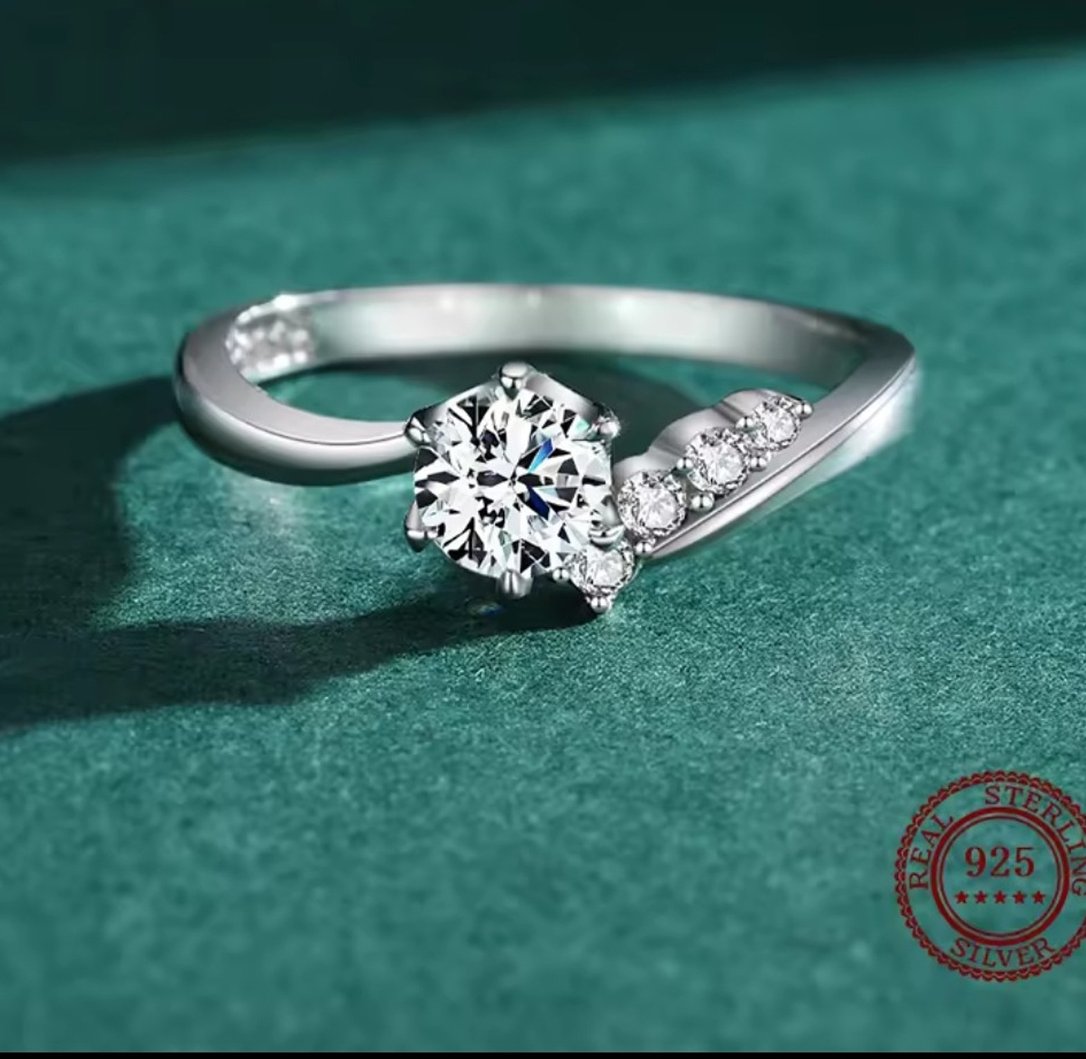 Asymmetrical six claw, minimalist cubic zirconia, sterling silver engagement/promise ring  image