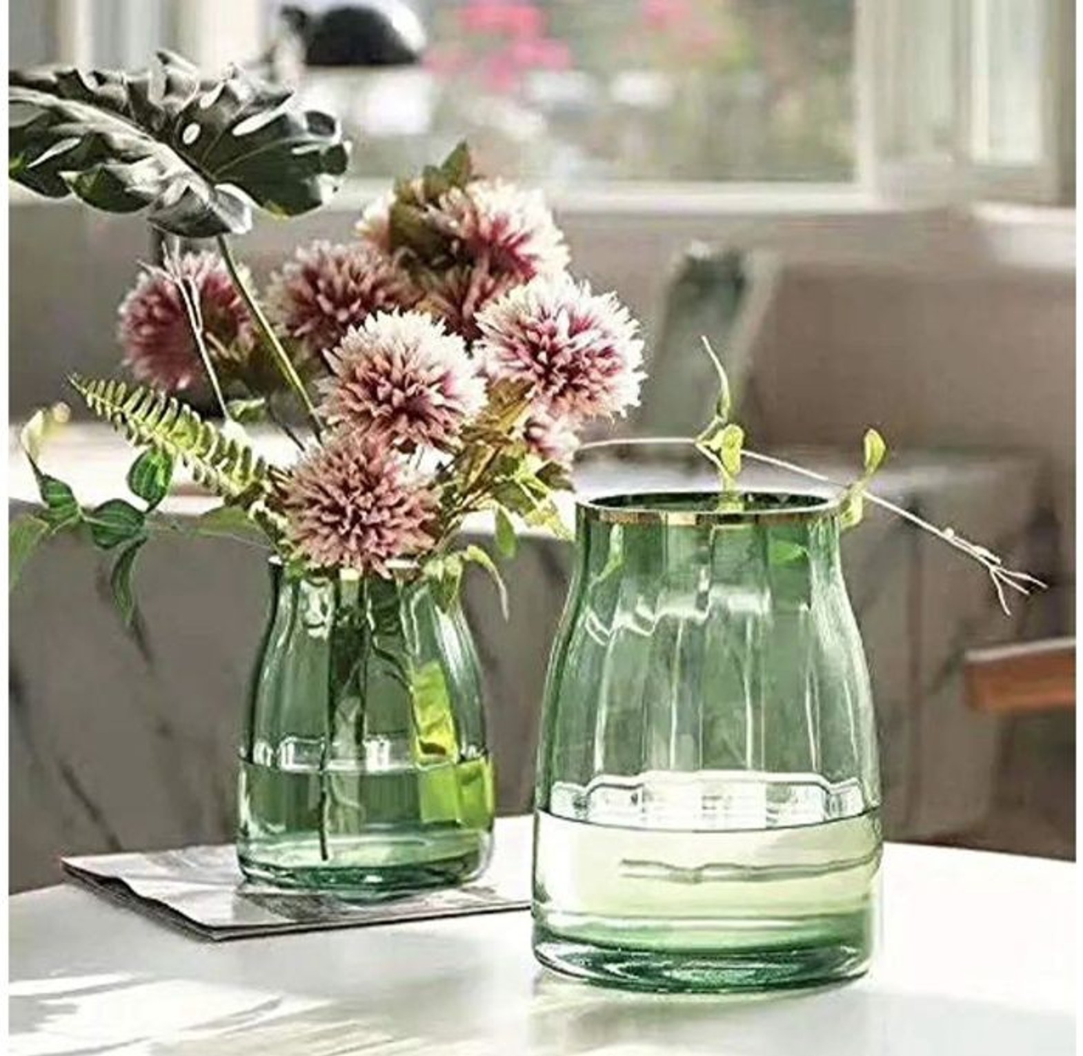 ▪️Wide sophisticated green tones Nordic glass vase with a touch of gold    image