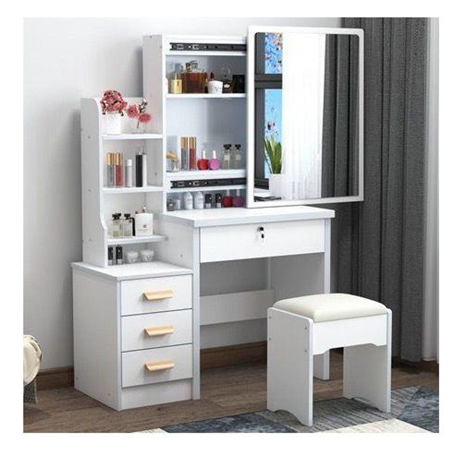 Dressing table with sliding mirror image