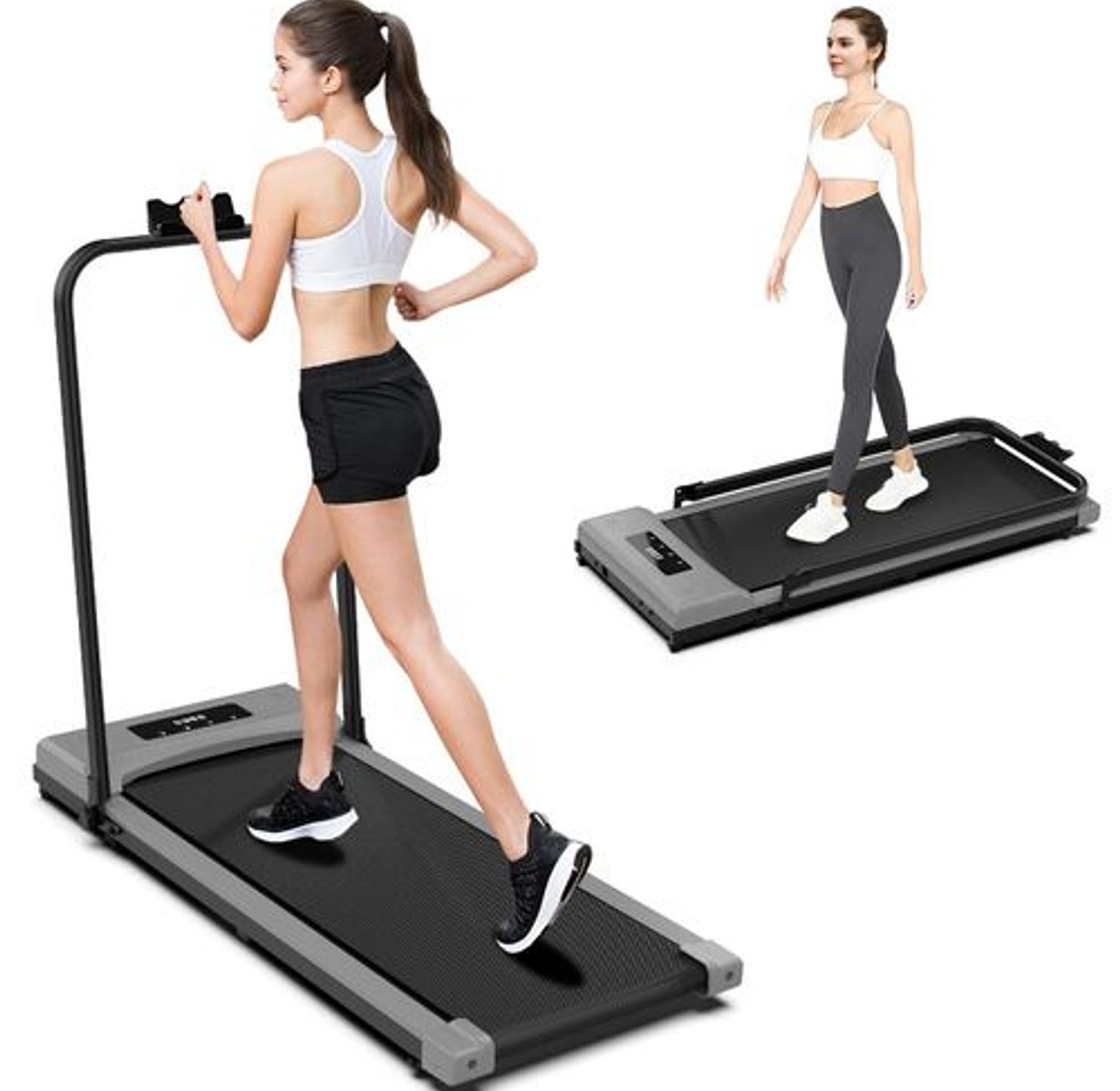 Foldable Walking Pad Treadmill with LED Display & Handrail – Portable Under Desk Home Fitness Treadmill, Black image