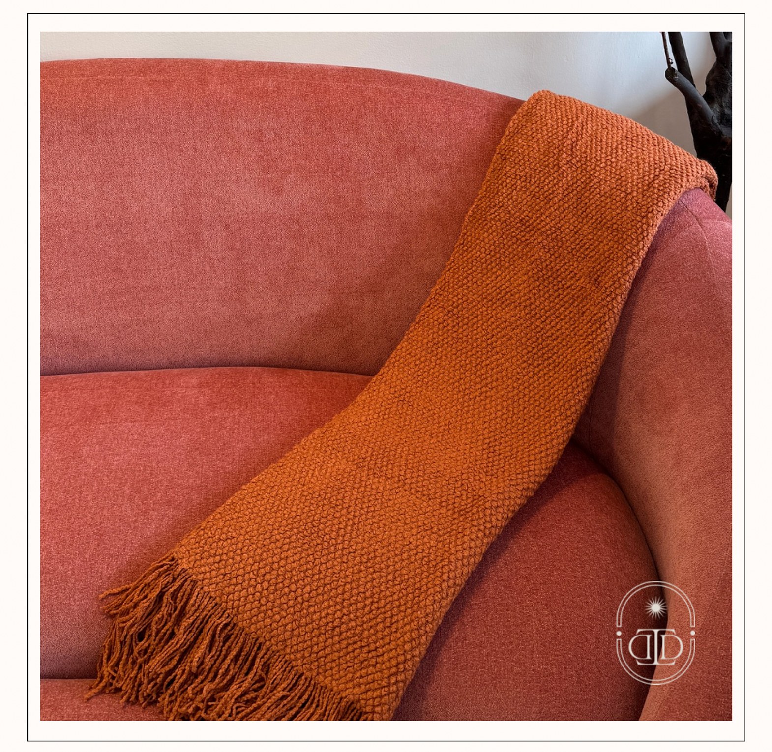 Burnt orange throw blanket with tassels. image