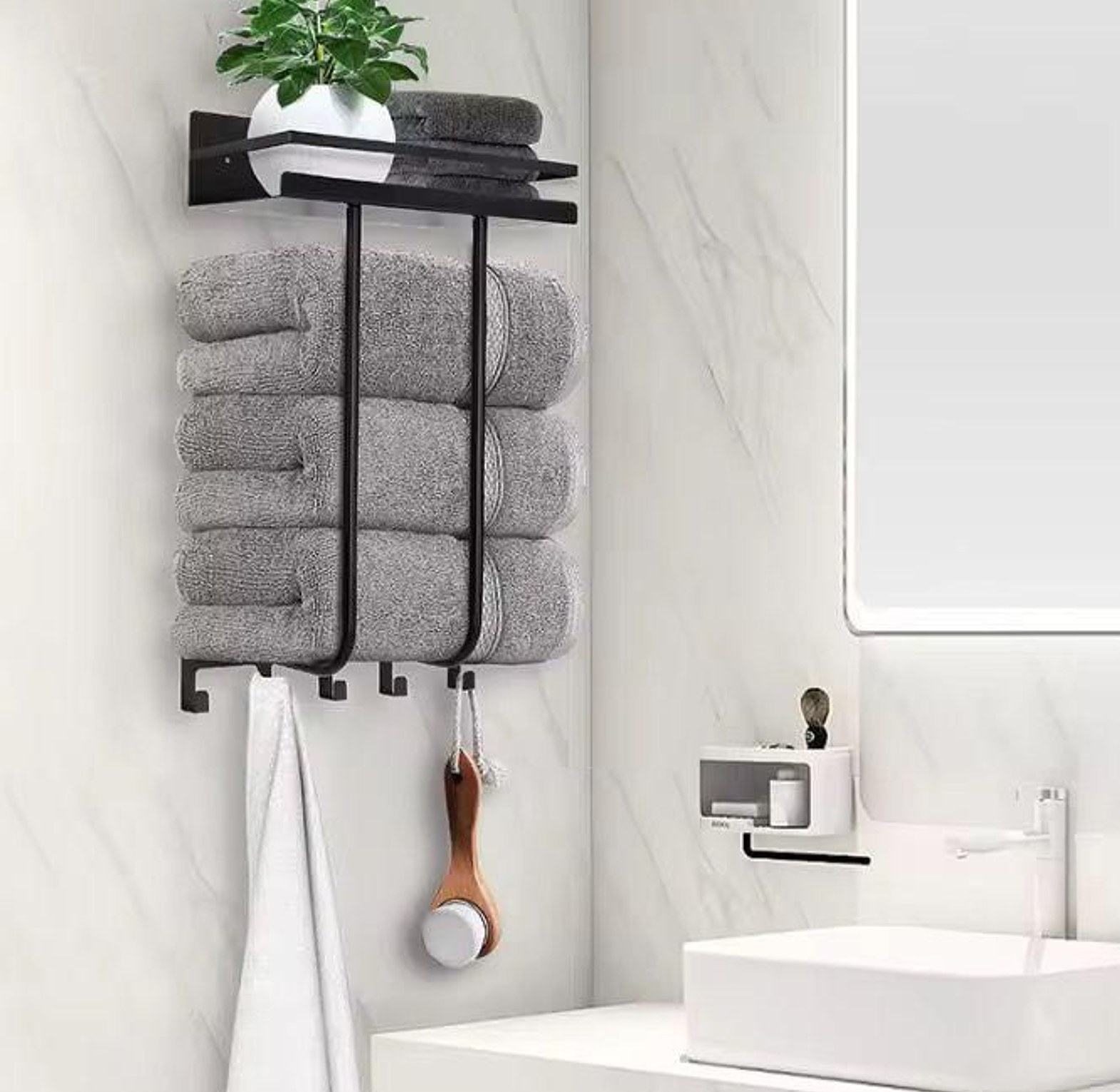 Multifunctional bathroom towel holder with metal shelf and 5 hooks image