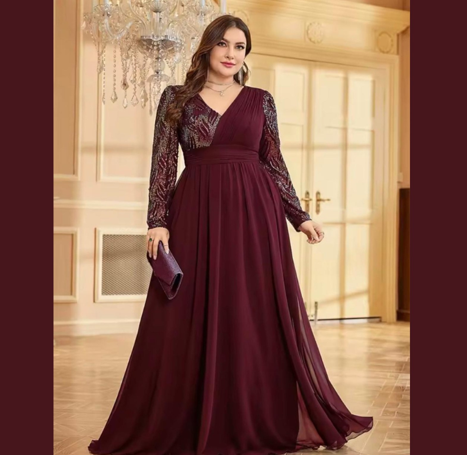 Serpentine Sequin Sleeve A-Line Gown image