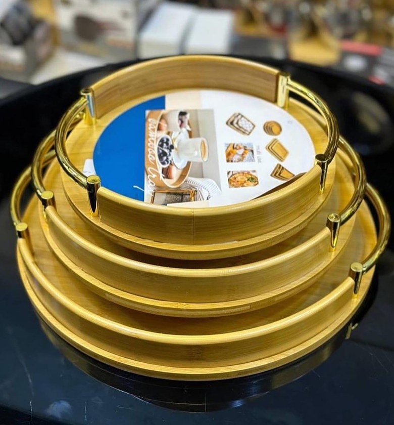 Nested Bamboo Serving Trays with Gilded Handles image