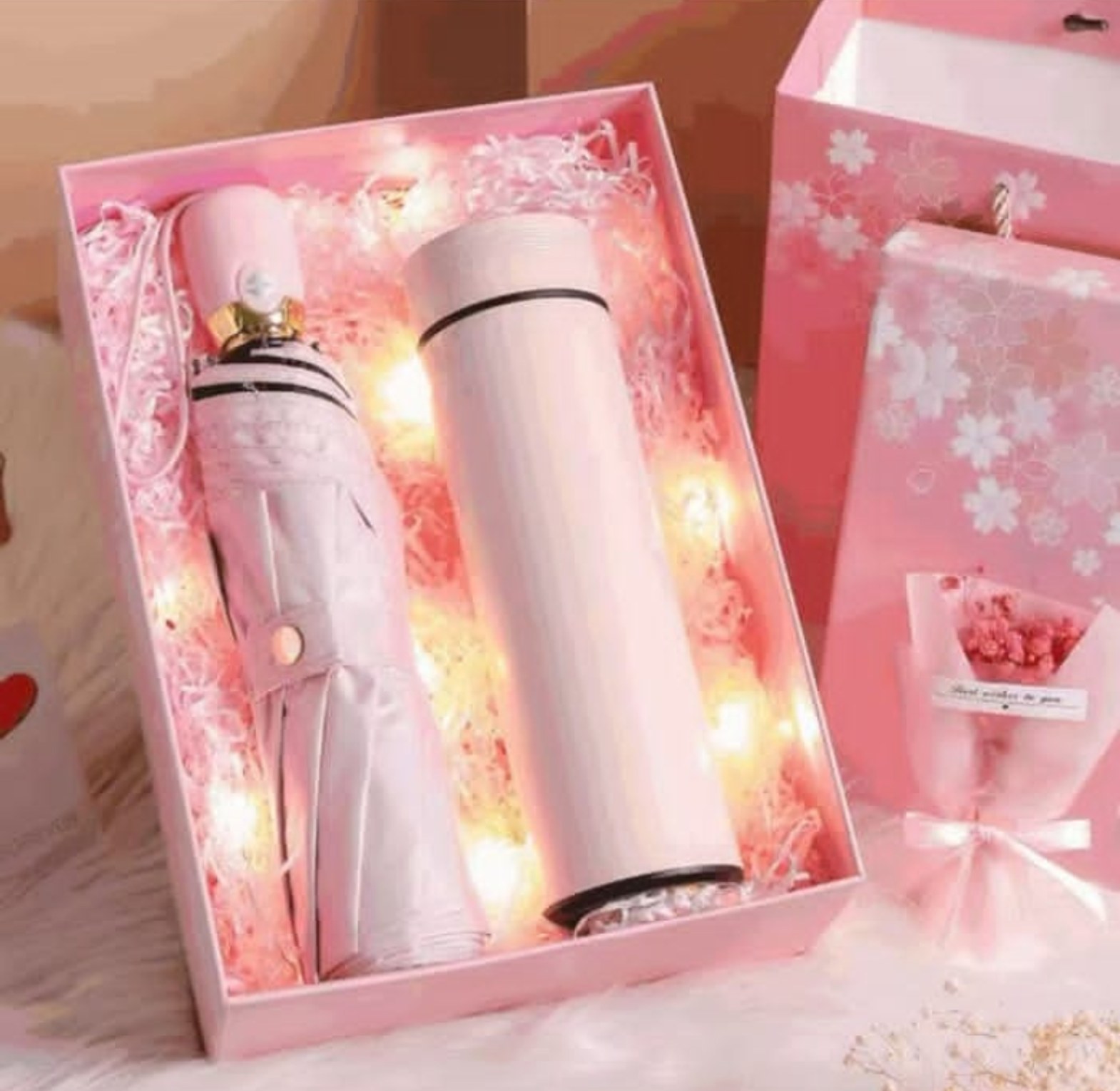 Luxury Blossom Gift Set with LED Intelligent Thermos and Lace Detail Umbrella image