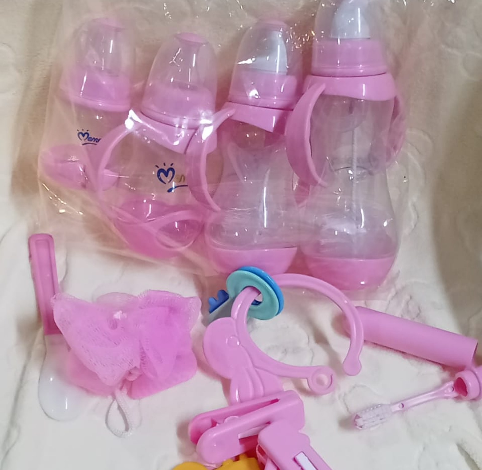 4 PC's feeding bottle, pacifier, rattles Newborn Baby Feeding Gift Set image