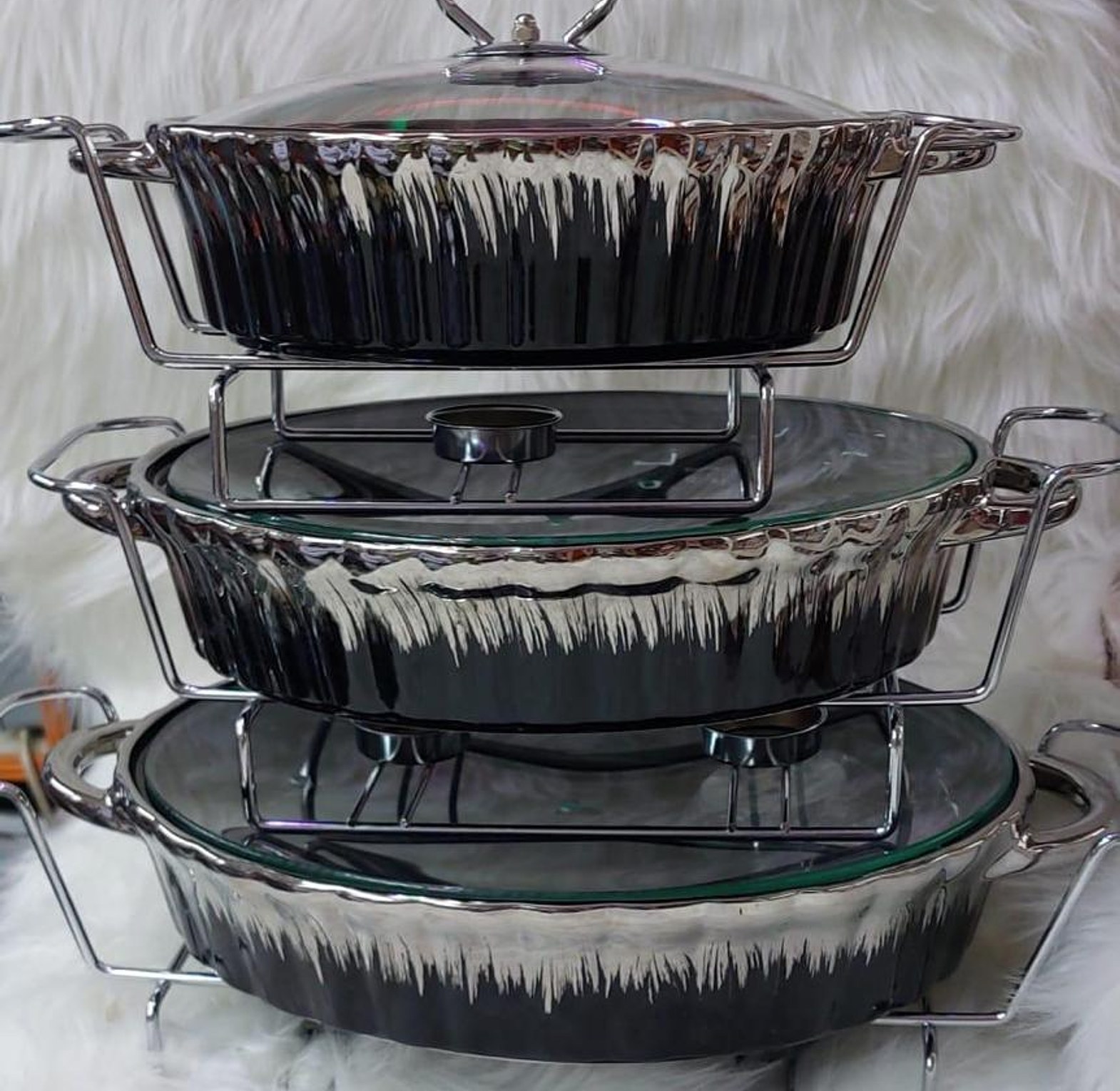3 Pcs Stylish Serving/Chaffing Dishes With Burner And Lids image